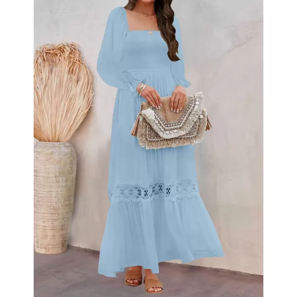 ZESICA Womens 2024 Boho Long Sleeve Square Neck Smocked High Waist Flowy A Line Lace Trim Maxi DressLight Blue
