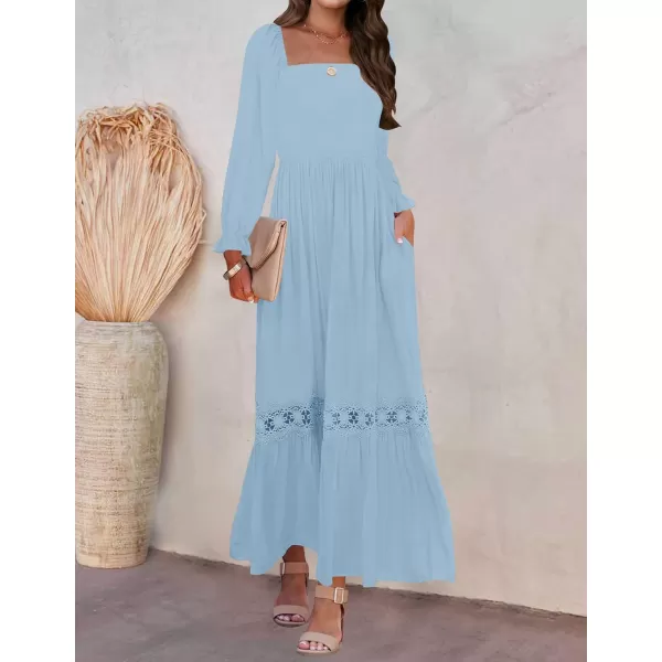 ZESICA Womens 2024 Boho Long Sleeve Square Neck Smocked High Waist Flowy A Line Lace Trim Maxi DressLight Blue