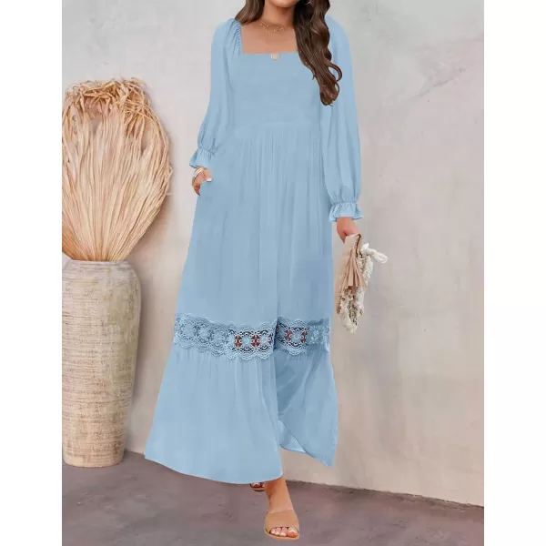 ZESICA Womens 2024 Boho Long Sleeve Square Neck Smocked High Waist Flowy A Line Lace Trim Maxi DressLight Blue
