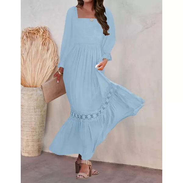 ZESICA Womens 2024 Boho Long Sleeve Square Neck Smocked High Waist Flowy A Line Lace Trim Maxi DressLight Blue