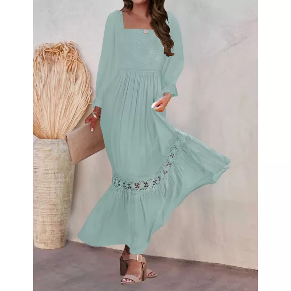 ZESICA Womens 2024 Boho Long Sleeve Square Neck Smocked High Waist Flowy A Line Lace Trim Maxi DressLight Green