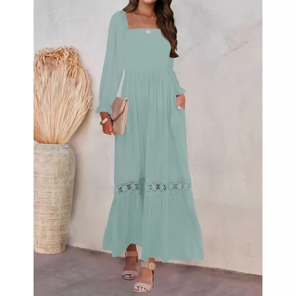 ZESICA Womens 2024 Boho Long Sleeve Square Neck Smocked High Waist Flowy A Line Lace Trim Maxi DressLight Green