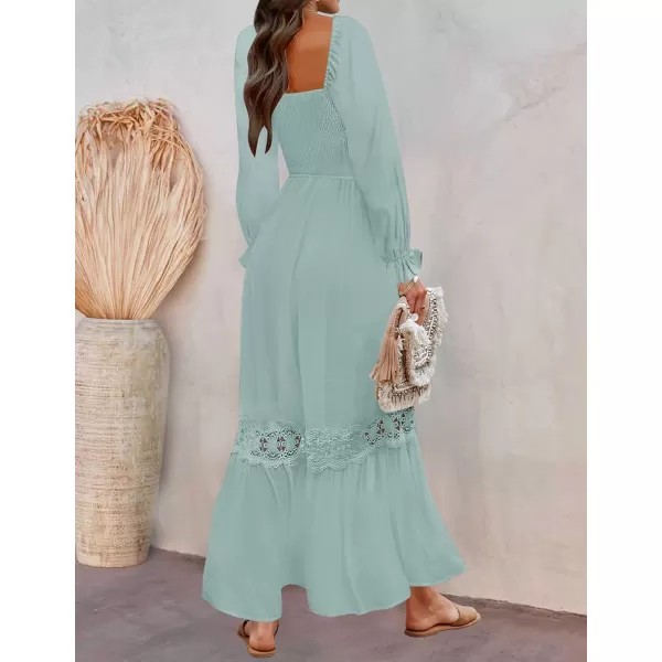 ZESICA Womens 2024 Boho Long Sleeve Square Neck Smocked High Waist Flowy A Line Lace Trim Maxi DressLight Green