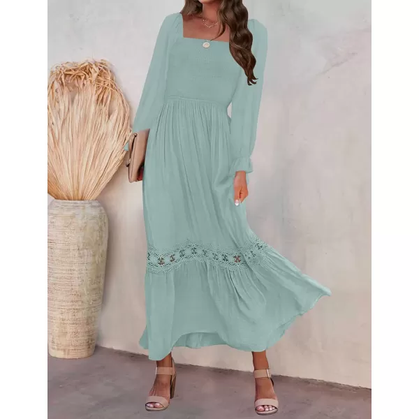 ZESICA Womens 2024 Boho Long Sleeve Square Neck Smocked High Waist Flowy A Line Lace Trim Maxi DressLight Green