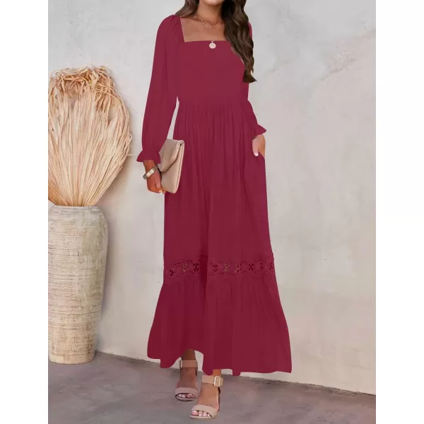ZESICA Womens 2024 Boho Long Sleeve Square Neck Smocked High Waist Flowy A Line Lace Trim Maxi DressPlum