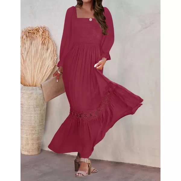 ZESICA Womens 2024 Boho Long Sleeve Square Neck Smocked High Waist Flowy A Line Lace Trim Maxi DressPlum