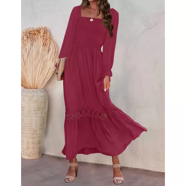 ZESICA Womens 2024 Boho Long Sleeve Square Neck Smocked High Waist Flowy A Line Lace Trim Maxi DressPlum