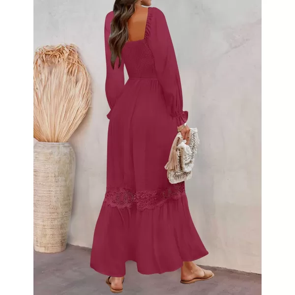 ZESICA Womens 2024 Boho Long Sleeve Square Neck Smocked High Waist Flowy A Line Lace Trim Maxi DressPlum