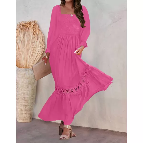 ZESICA Womens 2024 Boho Long Sleeve Square Neck Smocked High Waist Flowy A Line Lace Trim Maxi DressRose