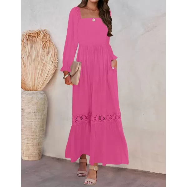 ZESICA Womens 2024 Boho Long Sleeve Square Neck Smocked High Waist Flowy A Line Lace Trim Maxi DressRose