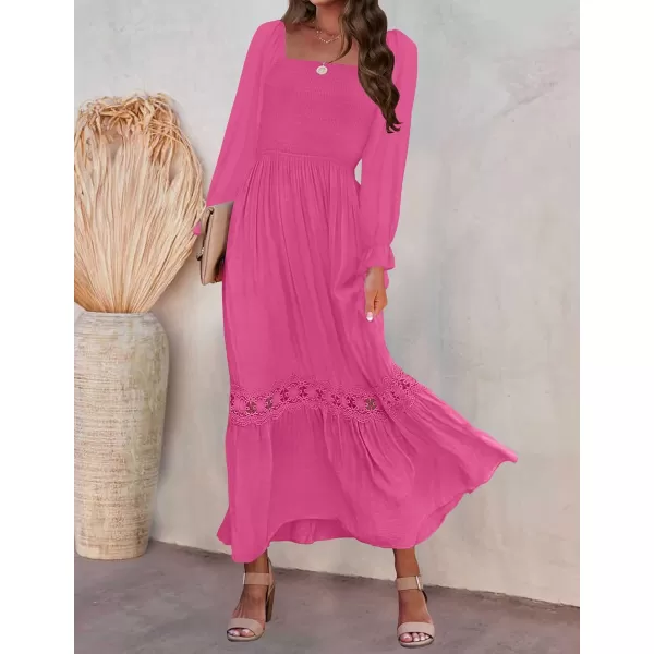 ZESICA Womens 2024 Boho Long Sleeve Square Neck Smocked High Waist Flowy A Line Lace Trim Maxi DressRose