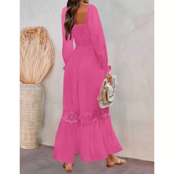 ZESICA Womens 2024 Boho Long Sleeve Square Neck Smocked High Waist Flowy A Line Lace Trim Maxi DressRose