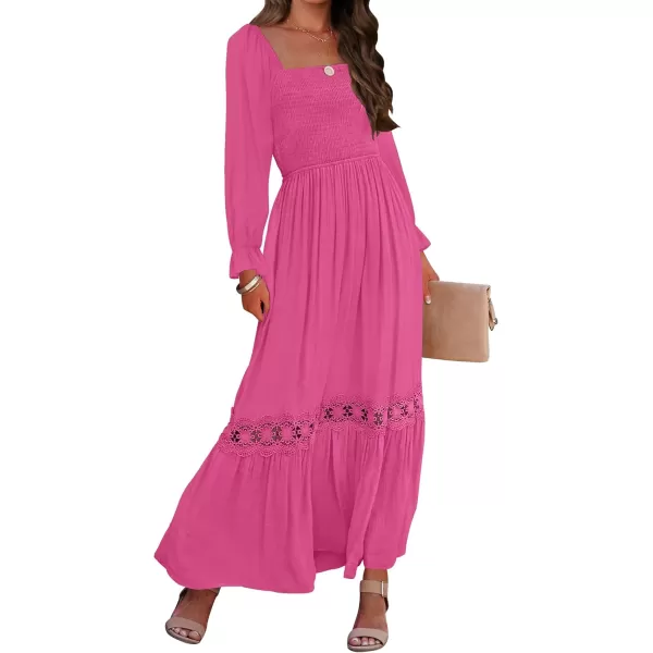 ZESICA Womens 2024 Boho Long Sleeve Square Neck Smocked High Waist Flowy A Line Lace Trim Maxi DressRose