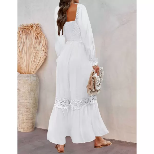 ZESICA Womens 2024 Boho Long Sleeve Square Neck Smocked High Waist Flowy A Line Lace Trim Maxi DressWhite