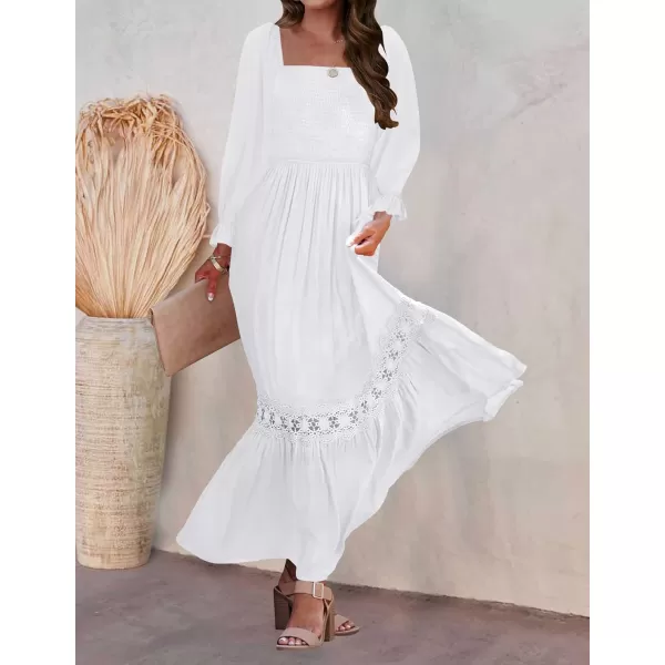 ZESICA Womens 2024 Boho Long Sleeve Square Neck Smocked High Waist Flowy A Line Lace Trim Maxi DressWhite