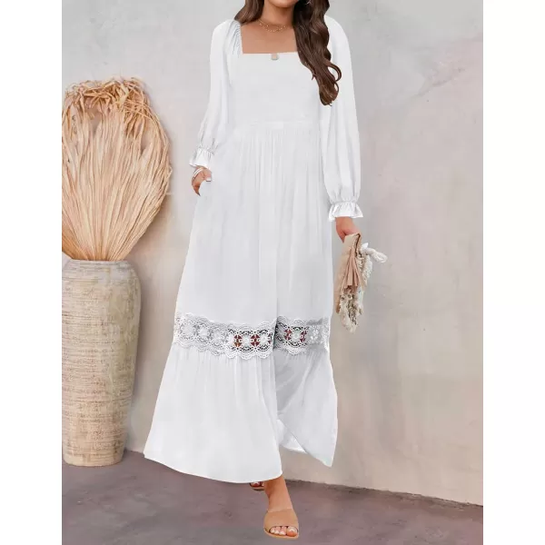 ZESICA Womens 2024 Boho Long Sleeve Square Neck Smocked High Waist Flowy A Line Lace Trim Maxi DressWhite