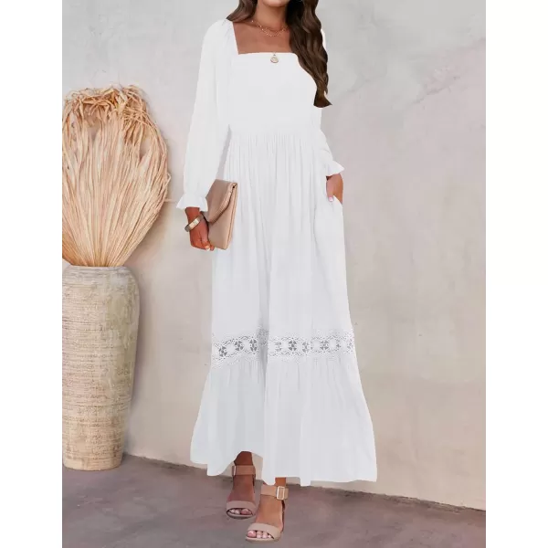 ZESICA Womens 2024 Boho Long Sleeve Square Neck Smocked High Waist Flowy A Line Lace Trim Maxi DressWhite