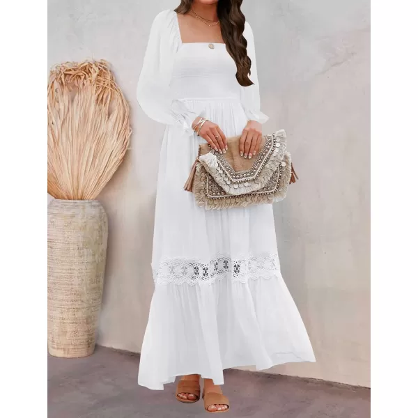ZESICA Womens 2024 Boho Long Sleeve Square Neck Smocked High Waist Flowy A Line Lace Trim Maxi DressWhite