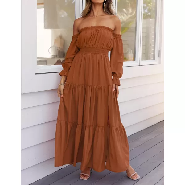 ZESICA Womens 2024 Boho Sexy Off Shoulder Long Sleeve Smocked High Waist Side Split Flowy A Line Tiered Long Maxi DressCaramel