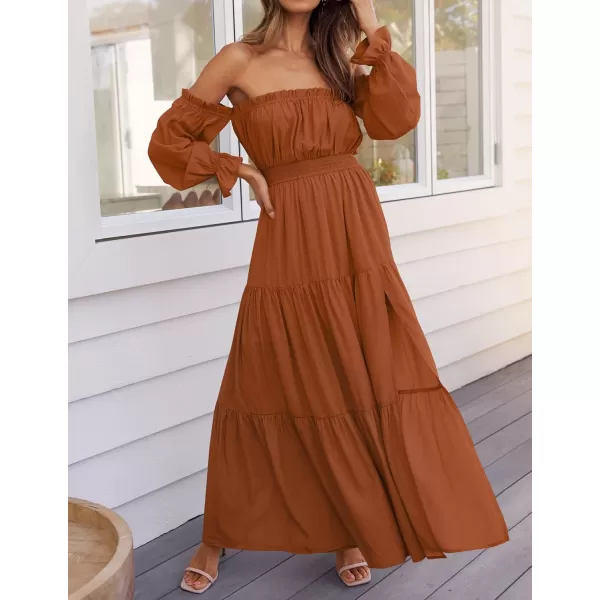 ZESICA Womens 2024 Boho Sexy Off Shoulder Long Sleeve Smocked High Waist Side Split Flowy A Line Tiered Long Maxi DressCaramel