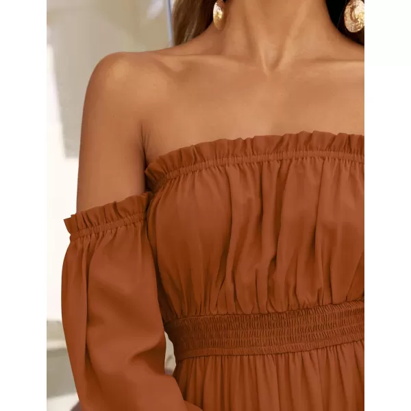 ZESICA Womens 2024 Boho Sexy Off Shoulder Long Sleeve Smocked High Waist Side Split Flowy A Line Tiered Long Maxi DressCaramel