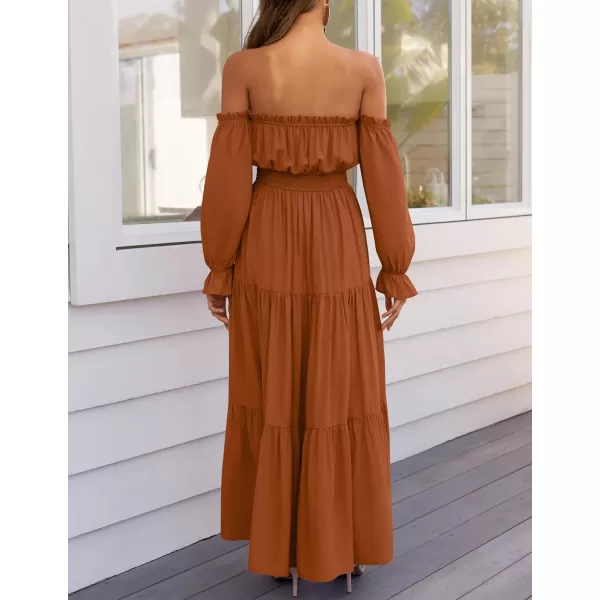 ZESICA Womens 2024 Boho Sexy Off Shoulder Long Sleeve Smocked High Waist Side Split Flowy A Line Tiered Long Maxi DressCaramel