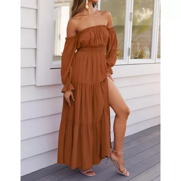 ZESICA Womens 2024 Boho Sexy Off Shoulder Long Sleeve Smocked High Waist Side Split Flowy A Line Tiered Long Maxi DressCaramel