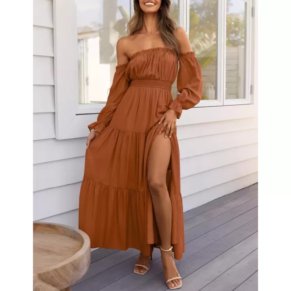ZESICA Womens 2024 Boho Sexy Off Shoulder Long Sleeve Smocked High Waist Side Split Flowy A Line Tiered Long Maxi DressCaramel