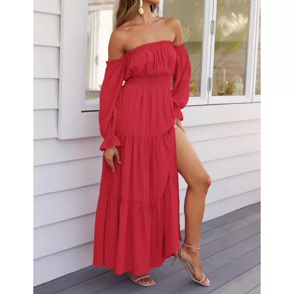 ZESICA Womens 2024 Boho Sexy Off Shoulder Long Sleeve Smocked High Waist Side Split Flowy A Line Tiered Long Maxi DressCherry