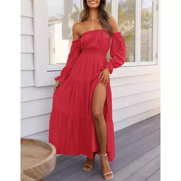 ZESICA Womens 2024 Boho Sexy Off Shoulder Long Sleeve Smocked High Waist Side Split Flowy A Line Tiered Long Maxi DressCherry