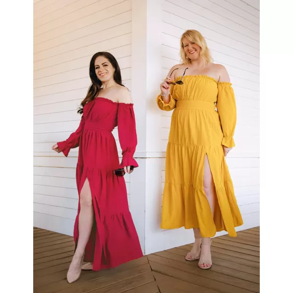 ZESICA Womens 2024 Boho Sexy Off Shoulder Long Sleeve Smocked High Waist Side Split Flowy A Line Tiered Long Maxi DressCherry