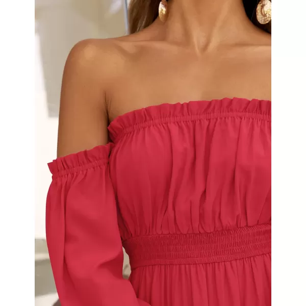 ZESICA Womens 2024 Boho Sexy Off Shoulder Long Sleeve Smocked High Waist Side Split Flowy A Line Tiered Long Maxi DressCherry