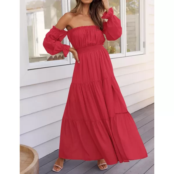 ZESICA Womens 2024 Boho Sexy Off Shoulder Long Sleeve Smocked High Waist Side Split Flowy A Line Tiered Long Maxi DressCherry