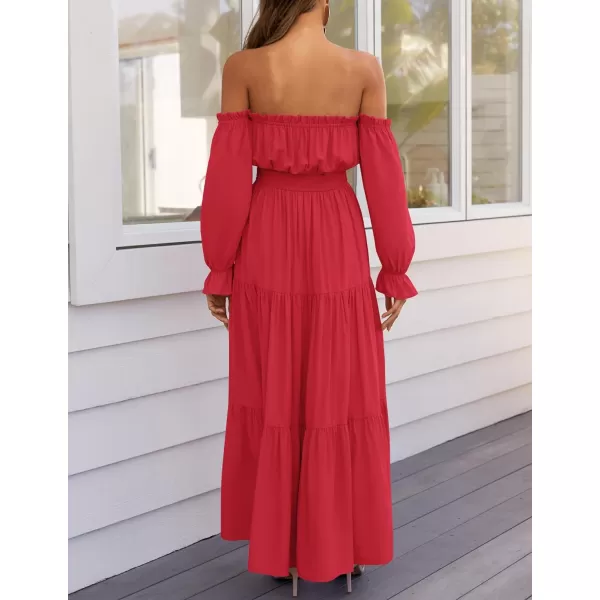 ZESICA Womens 2024 Boho Sexy Off Shoulder Long Sleeve Smocked High Waist Side Split Flowy A Line Tiered Long Maxi DressCherry