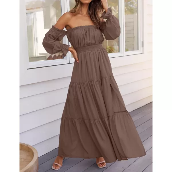 ZESICA Womens 2024 Boho Sexy Off Shoulder Long Sleeve Smocked High Waist Side Split Flowy A Line Tiered Long Maxi DressCoffee