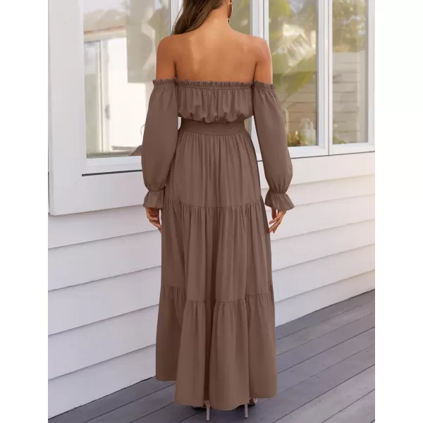ZESICA Womens 2024 Boho Sexy Off Shoulder Long Sleeve Smocked High Waist Side Split Flowy A Line Tiered Long Maxi DressCoffee