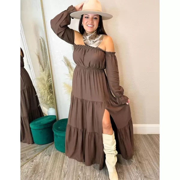 ZESICA Womens 2024 Boho Sexy Off Shoulder Long Sleeve Smocked High Waist Side Split Flowy A Line Tiered Long Maxi DressCoffee