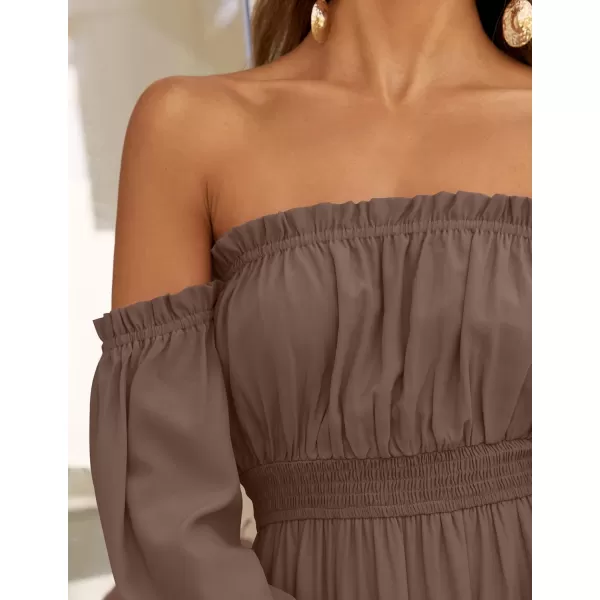 ZESICA Womens 2024 Boho Sexy Off Shoulder Long Sleeve Smocked High Waist Side Split Flowy A Line Tiered Long Maxi DressCoffee