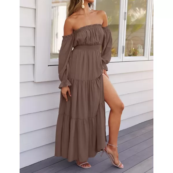 ZESICA Womens 2024 Boho Sexy Off Shoulder Long Sleeve Smocked High Waist Side Split Flowy A Line Tiered Long Maxi DressCoffee
