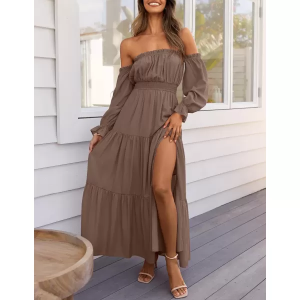 ZESICA Womens 2024 Boho Sexy Off Shoulder Long Sleeve Smocked High Waist Side Split Flowy A Line Tiered Long Maxi DressCoffee