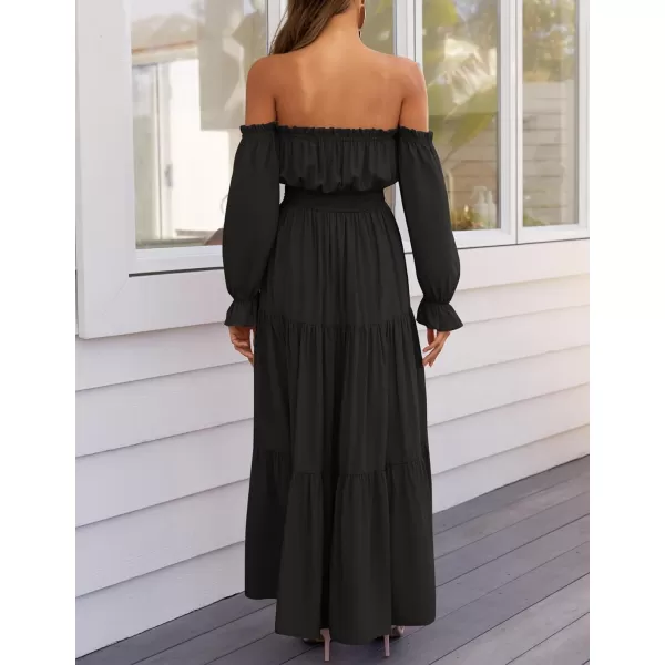 ZESICA Womens 2024 Boho Sexy Off Shoulder Long Sleeve Smocked High Waist Side Split Flowy A Line Tiered Long Maxi DressDark Black