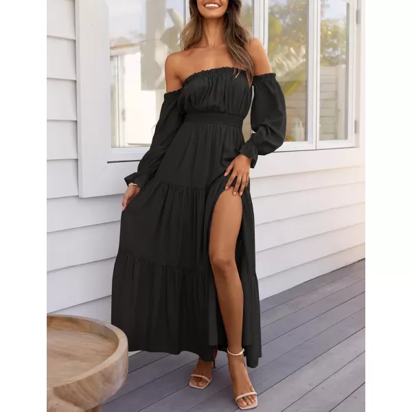 ZESICA Womens 2024 Boho Sexy Off Shoulder Long Sleeve Smocked High Waist Side Split Flowy A Line Tiered Long Maxi DressDark Black