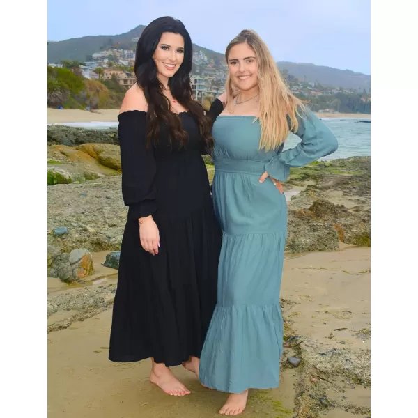 ZESICA Womens 2024 Boho Sexy Off Shoulder Long Sleeve Smocked High Waist Side Split Flowy A Line Tiered Long Maxi DressDark Black