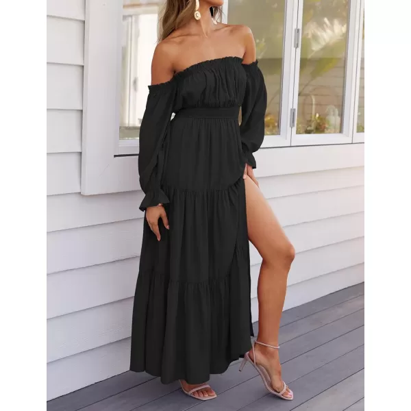 ZESICA Womens 2024 Boho Sexy Off Shoulder Long Sleeve Smocked High Waist Side Split Flowy A Line Tiered Long Maxi DressDark Black