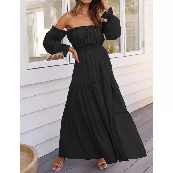 ZESICA Womens 2024 Boho Sexy Off Shoulder Long Sleeve Smocked High Waist Side Split Flowy A Line Tiered Long Maxi DressDark Black
