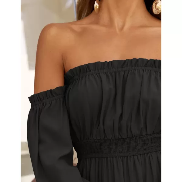 ZESICA Womens 2024 Boho Sexy Off Shoulder Long Sleeve Smocked High Waist Side Split Flowy A Line Tiered Long Maxi DressDark Black