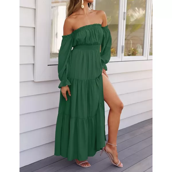 ZESICA Womens 2024 Boho Sexy Off Shoulder Long Sleeve Smocked High Waist Side Split Flowy A Line Tiered Long Maxi DressDark Green