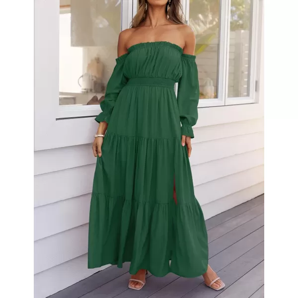 ZESICA Womens 2024 Boho Sexy Off Shoulder Long Sleeve Smocked High Waist Side Split Flowy A Line Tiered Long Maxi DressDark Green