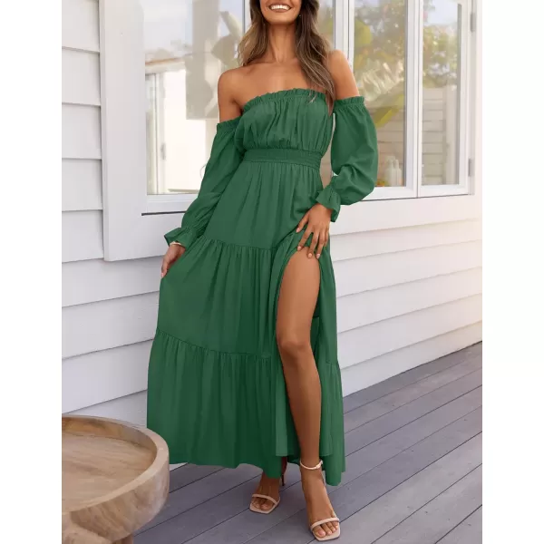 ZESICA Womens 2024 Boho Sexy Off Shoulder Long Sleeve Smocked High Waist Side Split Flowy A Line Tiered Long Maxi DressDark Green