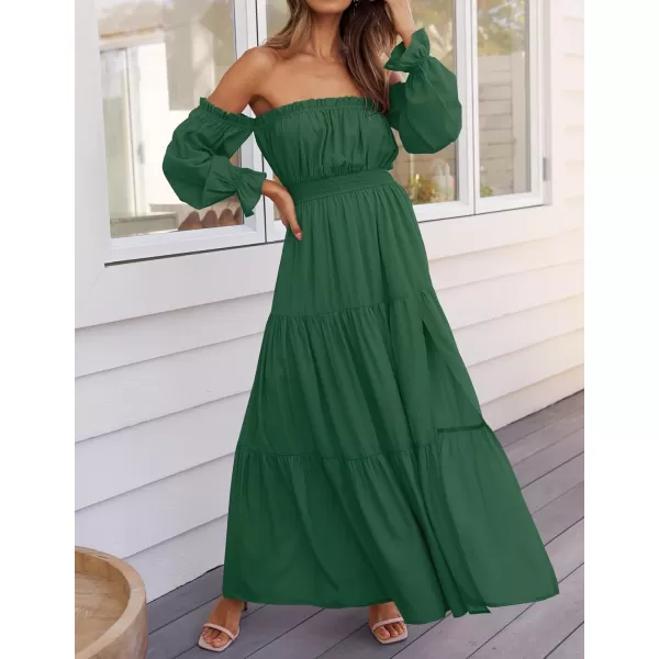 ZESICA Womens 2024 Boho Sexy Off Shoulder Long Sleeve Smocked High Waist Side Split Flowy A Line Tiered Long Maxi DressDark Green